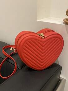 1 pieza Bolso pequeño de unicolor simple y elegante para niñas, nueva bolsa de mensajero de hombro con textura en forma de corazón, material de PU, bolso de corazón de niña de moda, bolso de mensajero de hombro a cuadros elegante y versátil con cierre de cremallera, muy adecuado para salidas y citas