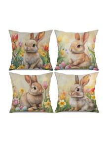 Easter-Themed 4pcs Pillowcase Set, Rabbit And Floral Design, Soft Polyester, Zipper Closure, Suitable For Various Room Types - No Insert Included, Skin-Friendly, Living Room Sofa