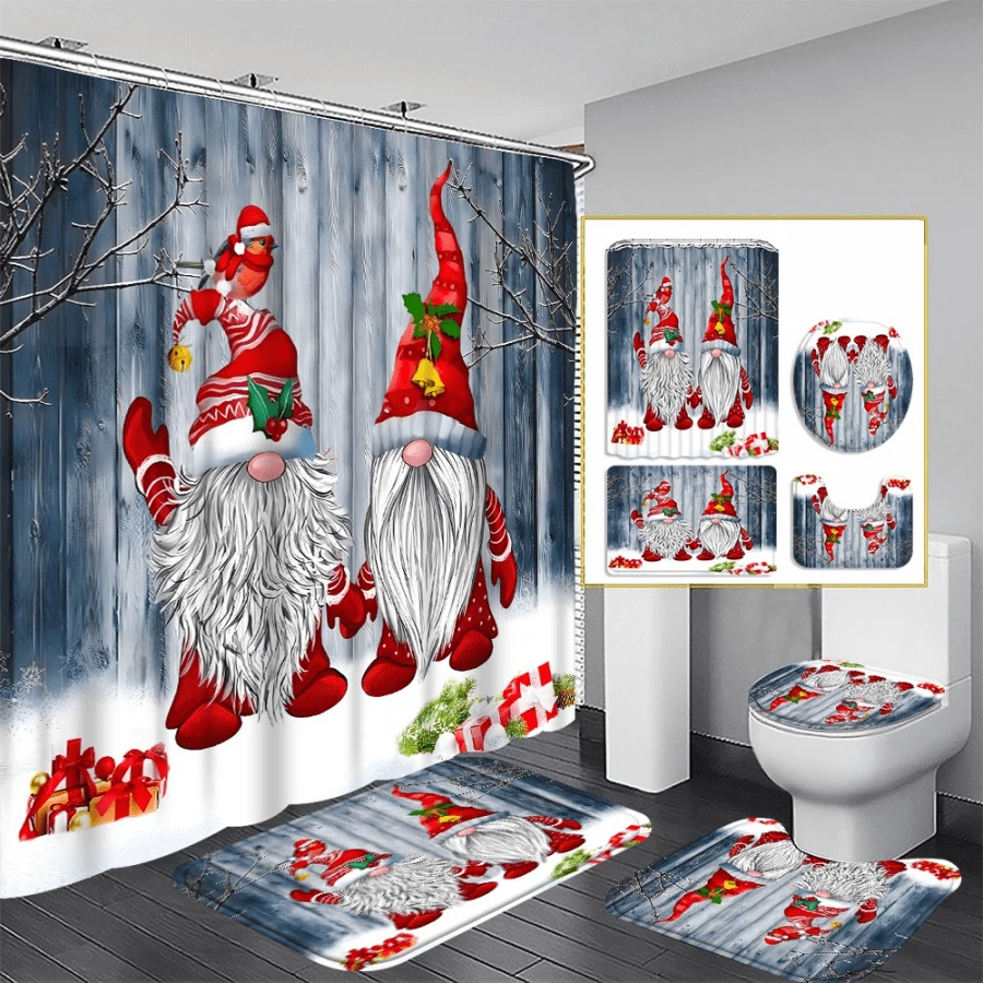 1pc/4PCs Christmas Dwarf Curtain Shower Curtain Decoration, Beautiful Housewarming Gift Modern Home Decoration, Waterproof Shower Curtain And Toilet Floor Mat Three-Piece Set Comes With 12 Shower Curtain Hooks Home Bathroom Decor Fall Decor Bathroom Accessories Back To School