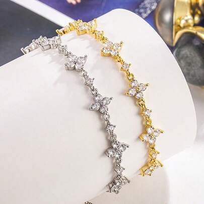 1 chiếc vòng tay hình cỏ bốn lá tối giản bằng bạc sterling 925 đính đá Cubic Zirconia, trang sức tinh tế, quà tặng cho phụ nữ, bạn gái, phụ kiện thanh lịch dành cho phái nữ.