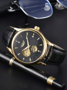 LONGLUX 1pc Men Hollow Automatic Mechanical Watch With Leather Band, Waterproof Casual Watch