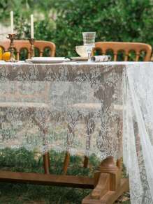 Mantel rectangular de encaje blanco bordado, estilo francés retro, para festivales, bodas, fondos de fotografía, tela decorativa - Blanco - Ver 7