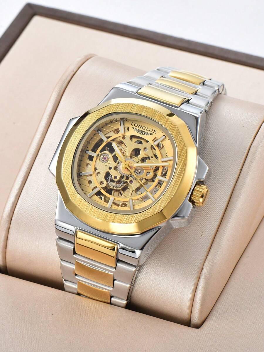 LONGLUX 1pc Hollow Automatic Mechanical Men's Watch, Stainless Steel Strap, Business Watch - Multicolor - View 1