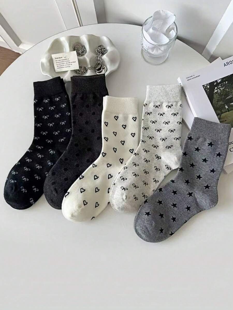 5 双女士春秋新款波尔卡圆点、蝴蝶结、心形、星星长袜，舒适柔软百搭甜美袜子，秋季 - 彩色 - 查看 1