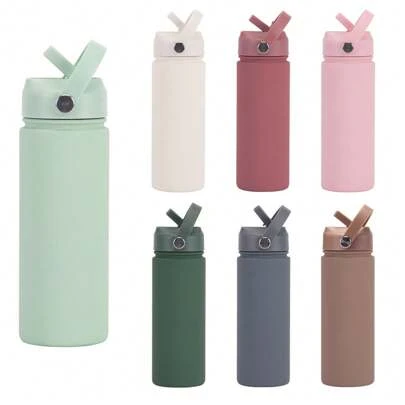 1 יחידה 500 מ"ל/17 OZ נירוסטה בקבוק מים ספורט חיצוני, נייד עם פה רחב עם ידית, מגע רך מצופה גומי, פרימיום