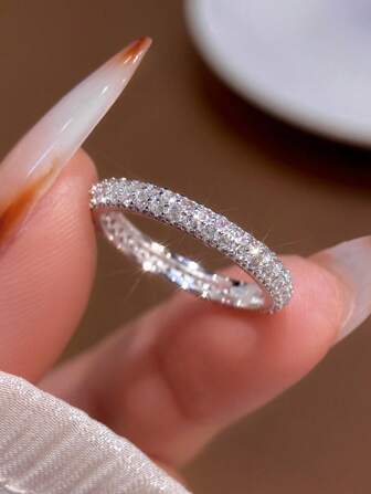 1PC 925 Sterling Silver Classical Double Ring Stackable Ring Full Star Ring Ladies Zirconia Ring Ladies Jewelry Gift Birthday Gift Party Gift Daily Wear