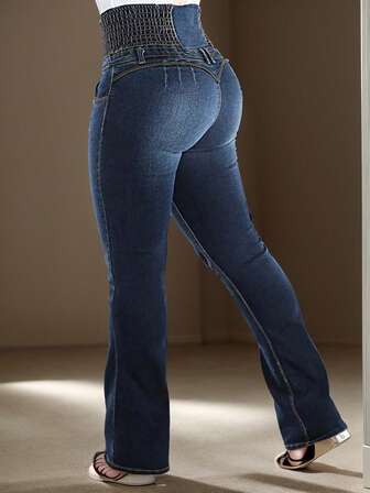 女式高腰纽扣休闲洗水修身喇叭弹力牛仔裤