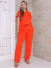 Women's Set Of Wide Leg Pants And Comfortable Sweatshirt Top Summer - 橘色 - 查看 2
