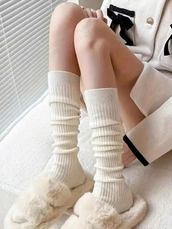 Women's Knitted Socks Solid Color Vertical Bar Warm Knee Length Socks Harajuku Fashion