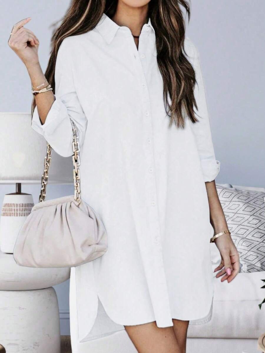Women's Button Down Shirt Dresses High Low Tunic Dress Long Sleeve Blouse Shirts With Pockets