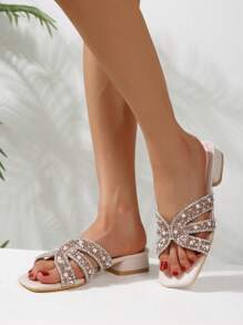 Women's Fashionable Sparkling Rhinestone Decorated Caged Sandals, Wide Multi-Color Glass Chains, Comfortable Platform Thick Block Heels, Suitable For Party And Daily Wear