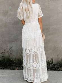 MERMAID'S CLOSET Women's Casual V-Neck Sexy Elegant Lace Long Dress, Bohemian Bridesmaid Wedding Evening Gowns, Full Floral Lace Embroidery, High Waist, Hollow Out, Suitable For Dating, Traveling Photo Shoots, Simple And Generous - trắng - Xem 6