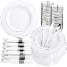 350PCS Silver Plastic Plates-Disposable White And Silver Plates 50guest Baroque Plastic Dinnerware Set Include 100Plates, 50Pack Pre Rolled Napkins With Silverware 50Cups Perfect For Christmas