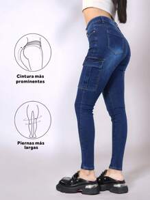 Dark Blue Water-Washed Jeans, High-Waist Slim Elastic Pants, Comfortable And Close-Fitting, Suitable For Daily Wear, Special Pockets, Fashionable Style, Wear-Resistant - 深色水洗藍 - 查看 7