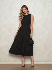 Elegant Women's Crepe Dress - Fitted Waist, Discreet Neckline And Loose Skirt - Ideal For Formal And Casual Events - 黑色 - 查看 4