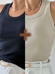 Kit 2 Premium Women's Tank Tops For Summer: Foreign Fashion And - 米色和黑色 - 查看 1