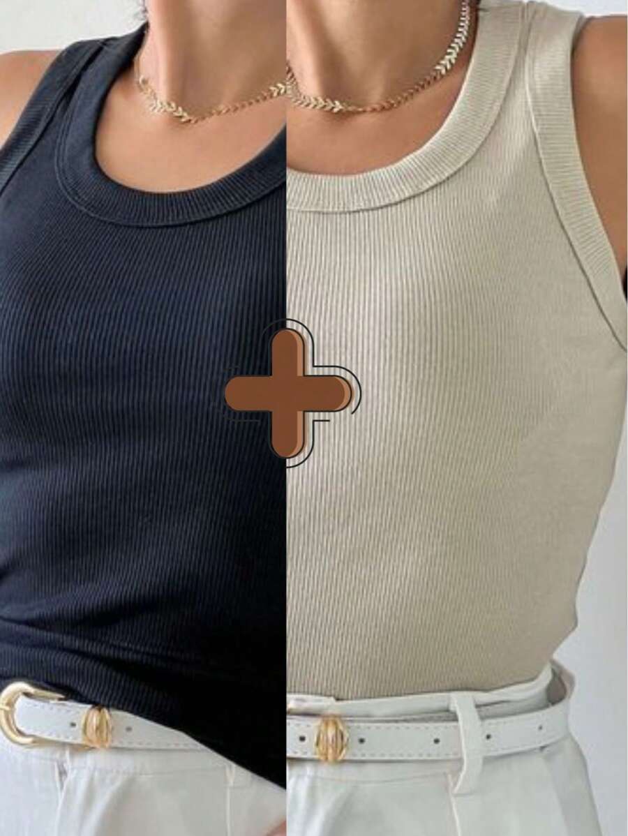 Kit 2 Premium Women's Tank Tops For Summer: Foreign Fashion And - 米色和黑色 - 查看 1