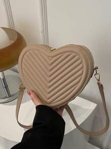 1 pieza Bolso pequeño de unicolor simple y elegante para niñas, nueva bolsa de mensajero de hombro con textura en forma de corazón, material de PU, bolso de corazón de niña de moda, bolso de mensajero de hombro a cuadros elegante y versátil con cierre de cremallera, muy adecuado para salidas y citas