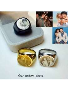 [Daily Comfort] Customized Engraved Photo Ring - Stainless Steel Memorial Jewelry For Men, Available In Black And Gold, Ideal For Birthday, Graduation, Christmas Gift, Spouse, Family, Friends