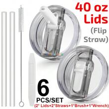 6PCS/SET, Compatible With Stanley Cup 40 Oz, 40 Oz H2.0 Tumbler Flip Straw Leak Proof Lid, 2025 New Upgrade 40oz Tumbler Cup Reusable Removable Replacement No Spill Proof & Splash Resistant Flip Straw Mug Cover For 40oz Cup Accessories, Detachable Leakproof Lids Cover Topper Compatible With 40 Ounce Cup (1set Includes 2pcs Replacement Lids, 2pcs (8.8 Inch) Straws, 1pc (9 Inch) Brush, 1pc Removal Tool Wrench) - cho 40 oz Sta... Cốc thủy tinh - Xem 10