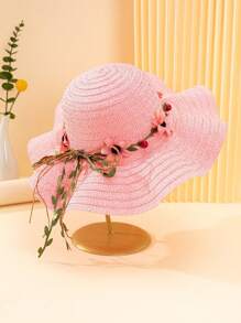1 件女童米色波浪边太阳帽，带花卉蝴蝶结装饰，波西米亚风格，适合夏季户外活动、海滩度假、日常穿着、母女搭配 - 花環波浪草帽 - 查看 5