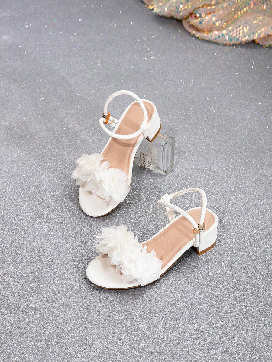 女童时尚白色碎花高跟凉鞋