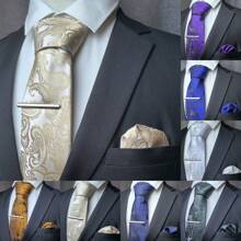 3pcs Set: Men's Classic 3.15-Inch Paisley Necktie, Matching Pocket Square, And Silver Tie Clip Combo, Ideal As Men's Gift, Suitable For Business, Weddings, Grooms, Groomsmen, Parties, Festivals And More - Three-piece Set - View 12