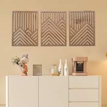 3 pièces Œuvre murale en bois rustique - Grandes sculptures géométriques de montagnes et de soleil, ensemble de 3, décoration d'intérieur bohème pour salon, chambre à coucher, bureau avec installation facile