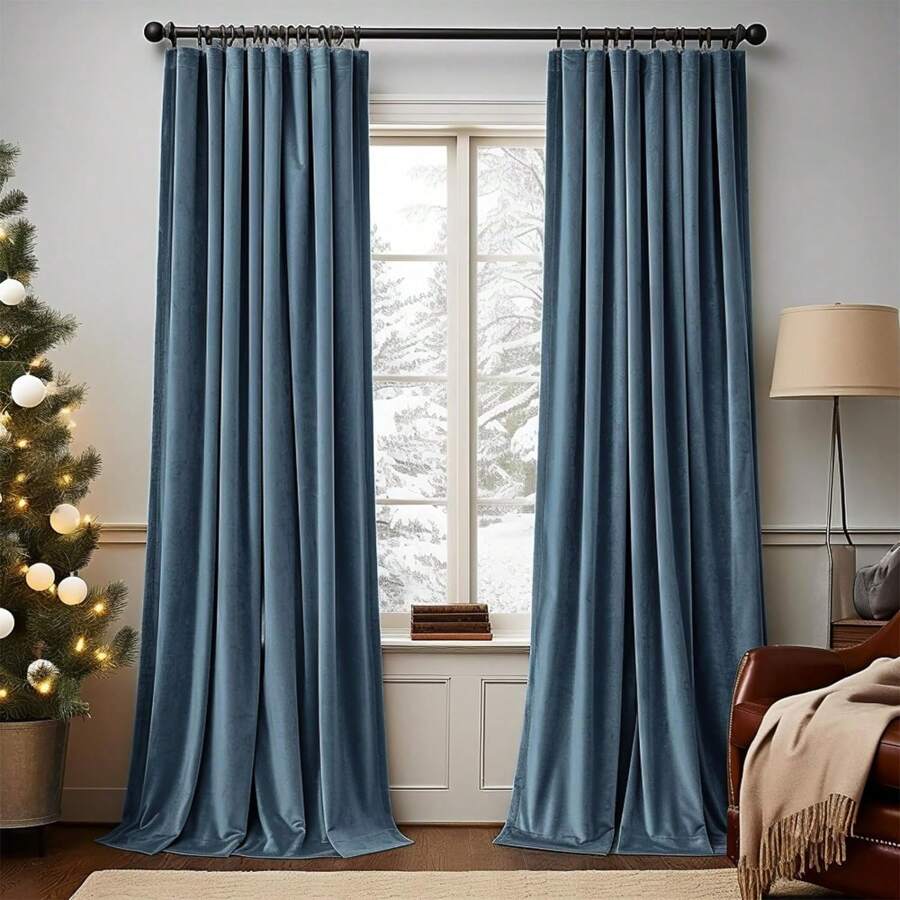1 pièce Nouveaux rideaux occultants en velours de couleur unie minimalistes pour chambre à coucher, salon, style à poche pour tringle - gris bleu - Voir 1