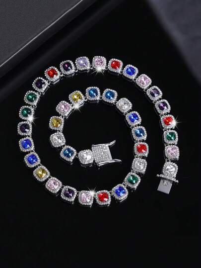 قلادة مربعة مرصعة بأحجار الراين الملونة قطعة واحدة ، قلادة هيب هوب بتصميم Y2K للرجال والنساء، سلسلة يومية للأزواج ، اكسسوارات مطابقة متأللئة ، أساور أحجام متعددة