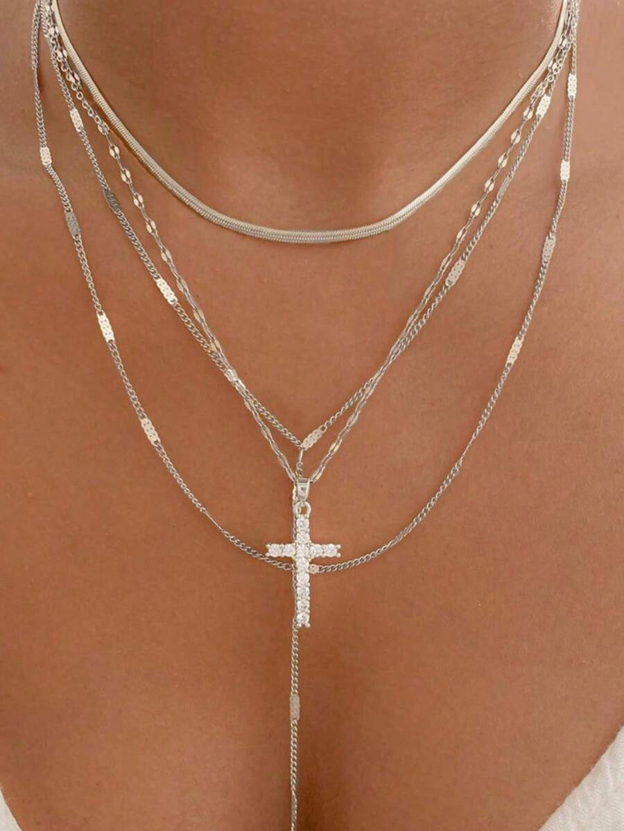 4pcs Set: Fashion Flat Snake Chain Crystal Cross Pendant Necklace For Women - Silver - View 1