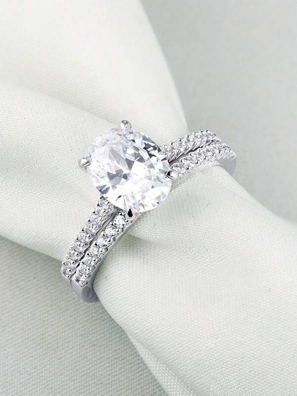 AIHUASI 2 Peças/Conjunto Anéis de Casamento de Prata Esterlina 925 para Mulheres, 7*9mm 1,9Ct Forma Oval AAAAA Zircônia Cúbica, Conjunto de Anéis de Noivado Nupcial, Presente de Joias Finas