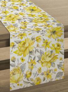1pc Linen Table Runner With Yellow Flowers And Grey Leaves, Floral Gift Design Table Cloth, Suitable For Home, Restaurant And Dining Room, Table Decoration, Home Decor, Indoor And Outdoor Party Supplies - Multicolor - View 3