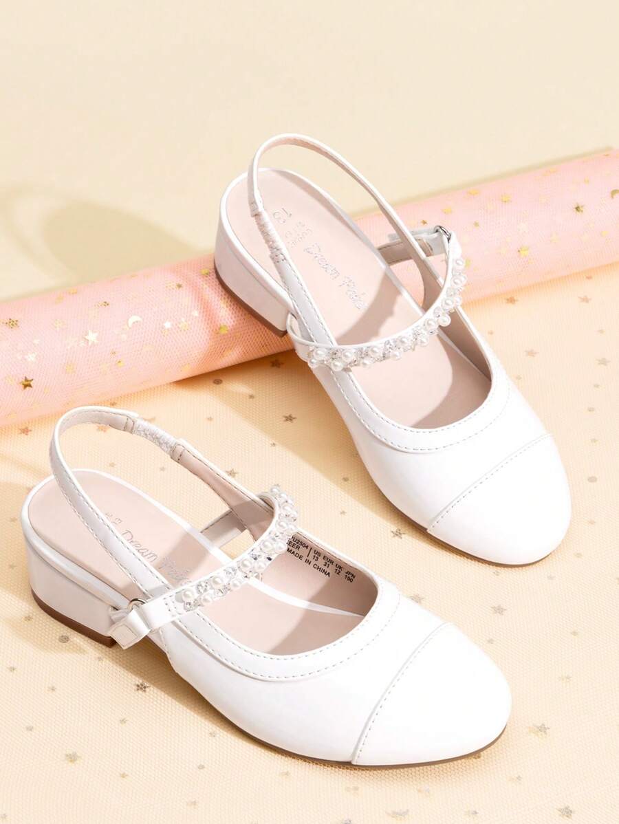 Girls Dress Shoes Slingback Heels Round Toe Pump For Little Big Kids Flower Party Wedding Princess - 白色 - 查看 1