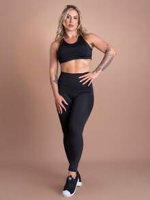 Conjunto Fitness Calça Legging Suplex Lisa Feminina Cintura Alta E Top Tela Academia GJR Modas - Preto - Visão 1