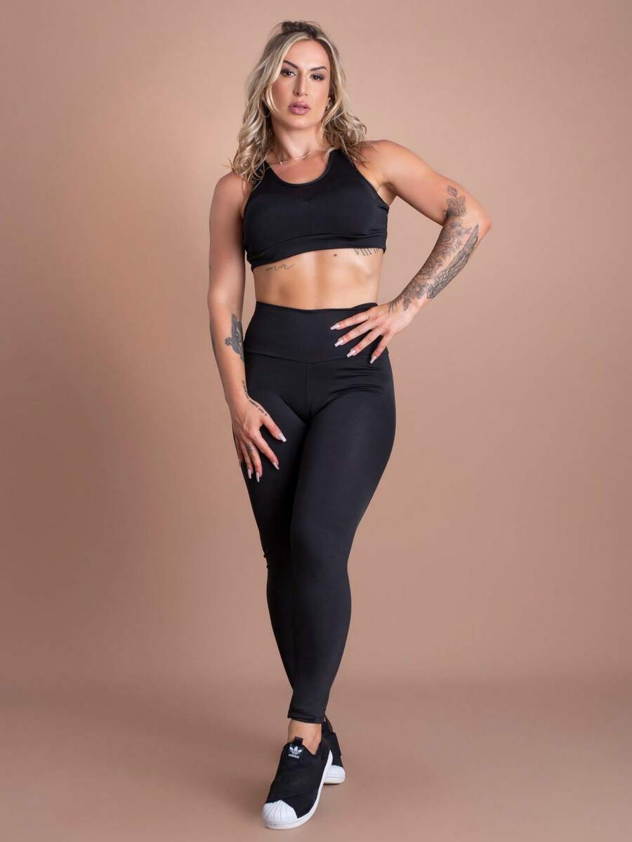 Conjunto Fitness Calça Legging Suplex Lisa Feminina Cintura Alta E Top Tela Academia GJR Modas - Preto - Visão 1