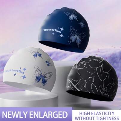 1pc Adult Vintage Silicone Swim Cap With Butterfly Pattern, High Elasticity, Beach Essentials, Beach Accessories, Pool Float