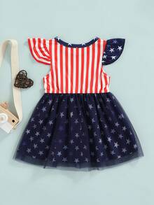 Vestido para niña, con mangas abullonadas, estampado de estrellas a rayas, de malla, midi, para primavera y verano, adelgazante, para día independiente, suelto, de cintura alta, midi. - azul real - Ver 2