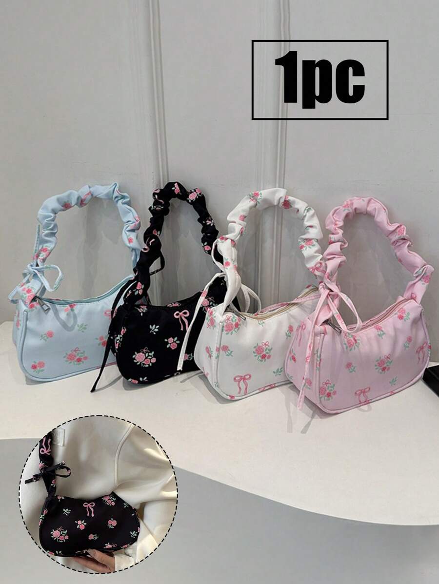 手提斜挎单肩女士甜美碎花包,蝴蝶结花卉图案,手提包,腋下包,方包,单肩包,手提包,旅行必备,大容量手提包 - 彩色 - 查看 1
