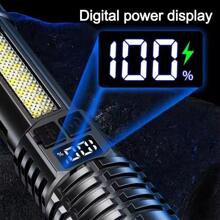 便携式大功率 LED 手电筒带显示屏可充电军用战术手电筒内置 18650 电池应急聚光灯超亮照明露营灯家用户外手电筒 - 黑色 - 查看 6