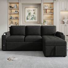 MERAX 83.5" L-Shaped Sofa Couch Convertible Sofa Bed Sectional Sofa With Ample Storage Space, Two Cup Holders And Two USB Ports For Living Room - Black - View 1