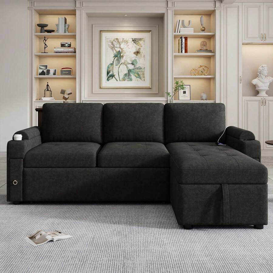 MERAX 83.5" L-Shaped Sofa Couch Convertible Sofa Bed Sectional Sofa With Ample Storage Space, Two Cup Holders And Two USB Ports For Living Room - Black - View 1