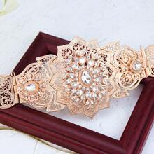 1pc Luxurious Arabian Belly Chain For Women, Hollow Floral Pattern, Gold-Plated, Rhinestone Inlay, Middle East Robe Belt, Moroccan Caftan Jewelry, Festival Party Gift