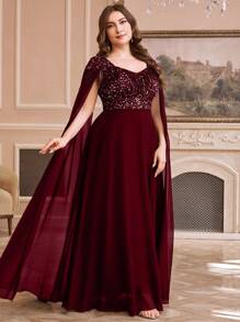 SUPGIR Plus Luxury Sweetheart Collar Fringe Sequin Chiffon Patchwork Maxi Ball Gown Dress, Party Dress, Wedding Guest Dress, Formal Dress, Evening Dress - 酒紅色 - 查看 1