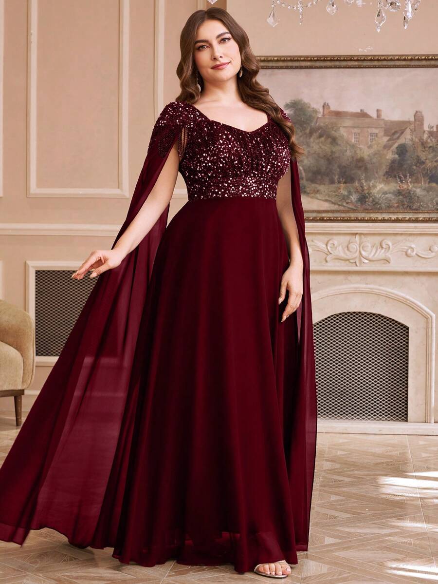 SUPGIR Plus Luxury Sweetheart Collar Fringe Sequin Chiffon Patchwork Maxi Ball Gown Dress, Party Dress, Wedding Guest Dress, Formal Dress, Evening Dress - 酒紅色 - 查看 1