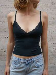 Débardeur pour femme d'été Y2K jeune, sexy, décontracté, col en V en dentelle et top col ras-du-cou
