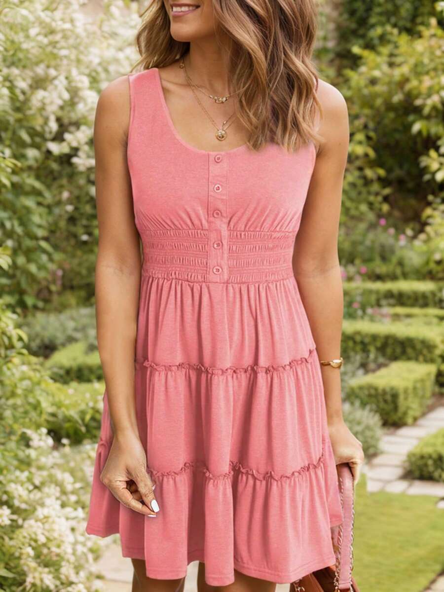 hoteel Casual Style Womens Sleeveless A-Line Mini Dress. Button Down Smocked Elastic Waist Ruffle Dress, Idea To Summer Wear - Pink - View 1