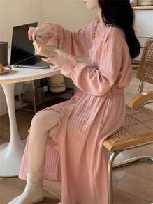 1pc Women Sweet Tie Collar Solid Color Long Robe Nightgown, Spring/Autumn Summer Wedding Home Bathroom Decor Back To School - Multicolor - View 7