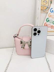 1 pieza Bolso de cubo mini portátil de unicolor PU con diseño de mariposa, estilo coreano versátil con cadena para el hombro y bolso bandolera, correa para el hombro casual y cómoda, estilo largo y versátil que no es exigente, adecuado para uso diario, apropiado para compras y viajes diarios de chicas.