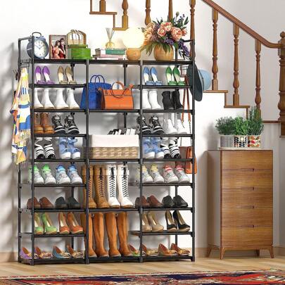 Tomnk 9-Tiers Metal Shoe Rack Organizer, Black Shoe Storage Rack, 50-55 Pairs, Stackable Metal Shelf With Hooks For Entryway, Shoe Racks For Bedroom Closet, Boots, Room Decor
